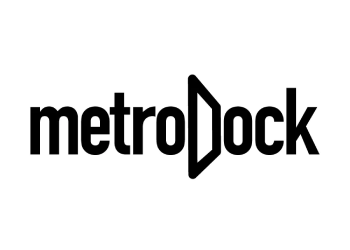 A black and white logo of metrodock
