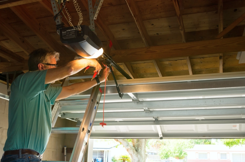 A man working on the ceiling of his garage.